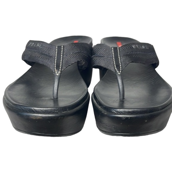 PRADA VINTAGE THONG SANDAL BLACK CANVAS THONG w/ BLACK LEATHER WRAPED WEDGE SZ 7 - Picture 11 of 12